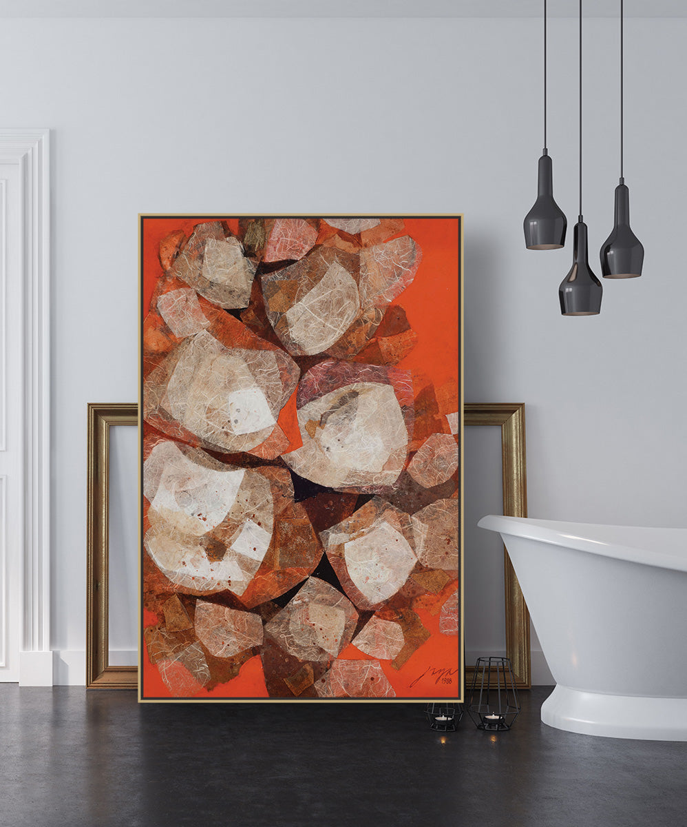 Orange Stone Oversized Abstract canvas wall art framed and hung on a wall